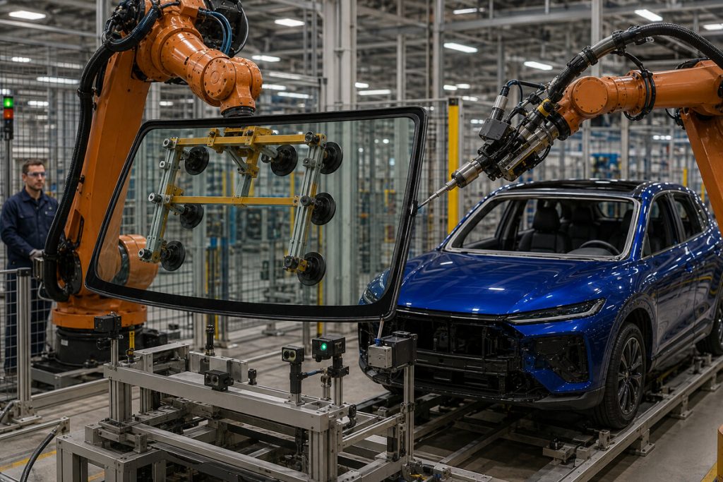 A robotic arm lowering a windshield onto a blue SUV on an assembly line
