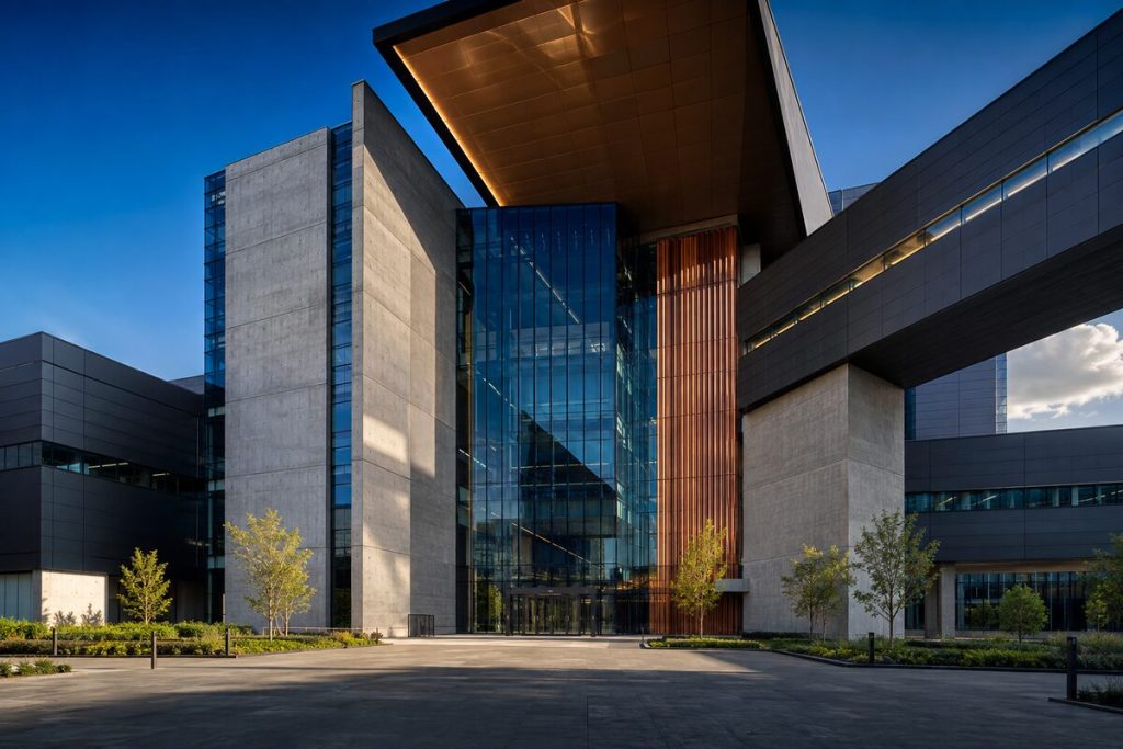 Modern commercial building with concrete panels, curtain wall glazing and an elevated glass walkway in late afternoon light