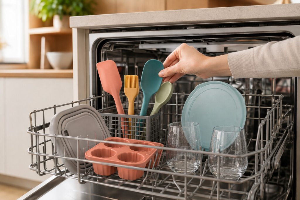 A hand placing a teal silicone spoon into a dishwasher rack holding colorful silicone kitchen tools and glassware