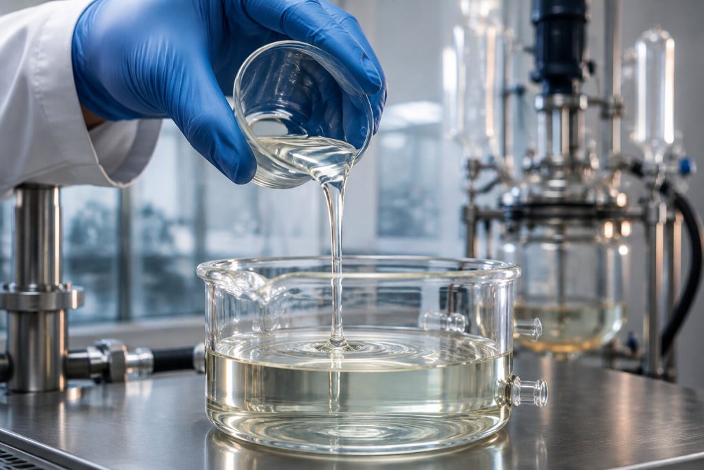 A gloved hand pouring clear liquid from a glass beaker into a crystallizing dish on a lab bench, with a glass reactor vessel in the background