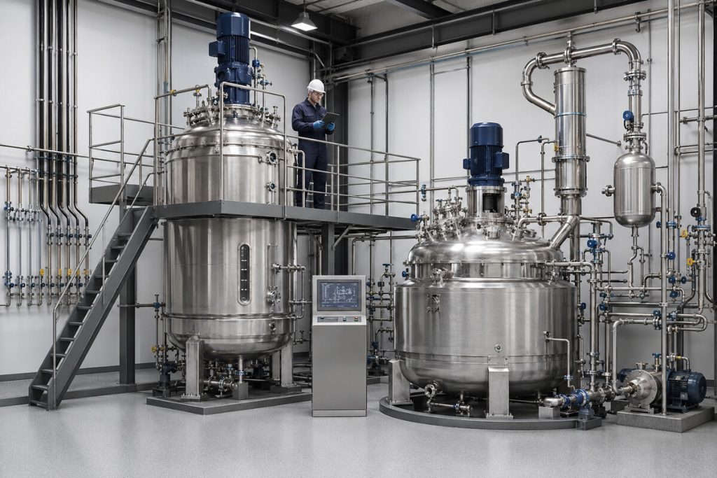 Two stainless steel reactors in a process plant, with a technician on the platform reading a tablet