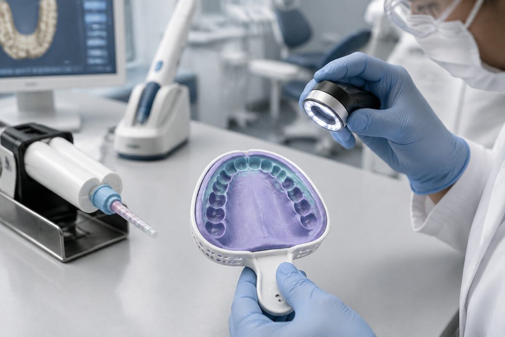 A dental impression tray being examined with an intraoral scanner