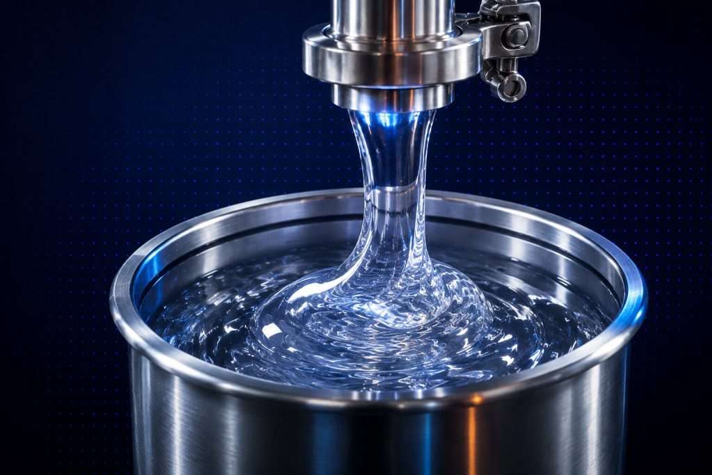 Clear silicone material pouring from a steel nozzle into a metal container against a dark blue technical backdrop