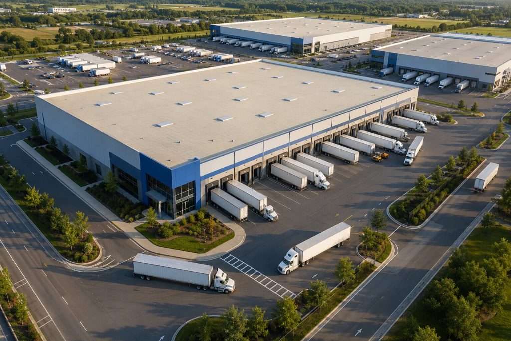 Aerial view of trucks and trailers docked at the loading bays of a distribution center warehouse complex